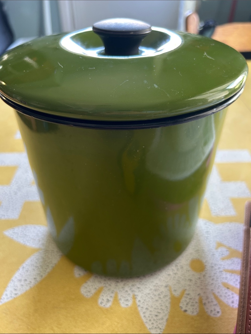Vtg Olive Green Enamel Kitchen Canister with Lid EUC